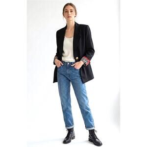 Rickie Freeman Teri Jon Vintage 90s Black Blazer Red Trim Gold Button | M